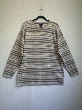 Lands' End Women's 100% 2-Ply Cashmere Fair Isle Crew Stripe Sweater Sz L Muted